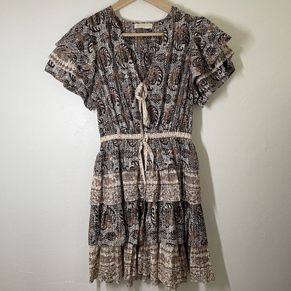 Ulla Johnson Brown Cream Black Paisley Tiered Mini Dress with Lace Trim